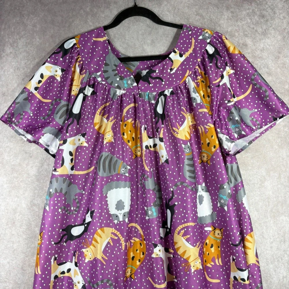 Anthony Richards House Dress Women Size XL Purple Cat Polka Dot Muumuu Nightgown
